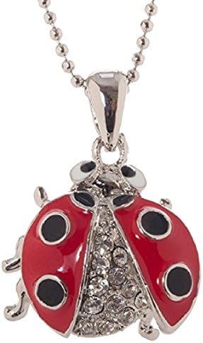 'Petite Coccinelle' Bejeweled Enameled Red and Black Lucky Ladybug Pendant Necklace, 18" Charm 15mm