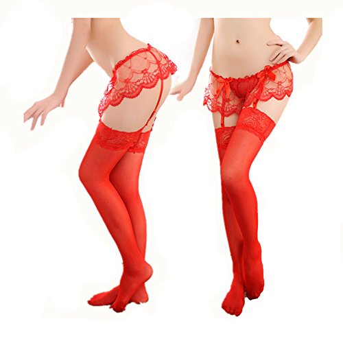 MISMXC Sexy Womens Lace Garter Belt Panties & Sheer Stockings Lingerie Set (Red)