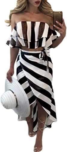 Everkaki Womens Summer Off Shoulder Crop Top Split Maxi Dress Set 2 Pieces Print Outfits Stripe Dress Red White Black