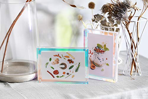 WINKINE 5x7 Iridescent Acrylic Photo Frame, Magnetic Thick Block Photograph Picture Frame, Clear Double Sided Frameless Self Standing Desktop Photo Display with Magnet