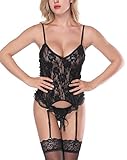 SEXYHUT Women 3pcs Sexy Lingerie Lace Babydoll Garter Belts Sleepwear Bodysuit(Black)