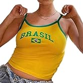 QJK Womens Baby Tee Y2k Tops Brazil Crop Top Spaghetti Strap Tank Top Y2k Baby Tee Vintage 90s Streetwear Shirts