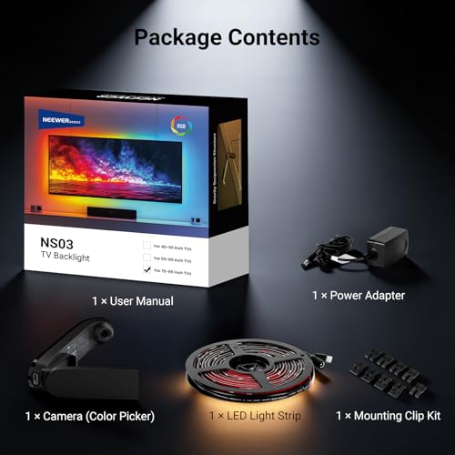 NEEWER TV Backlight for 75"-85" Screens, 16ft/5m LED RGB Light Strips with Sensor Change with TV, Scheduled On/Off, Zero Delay Color Sync, Music Sync, 24 Scene Effects, Supports App Control, NS03