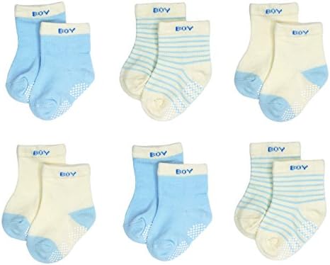 Liwely 6 Pairs Girl-Baby Socks, Anti Slip Skid Cotton Ankle Socks with Grips for 3 - 12 Months Infants, Blue Boys