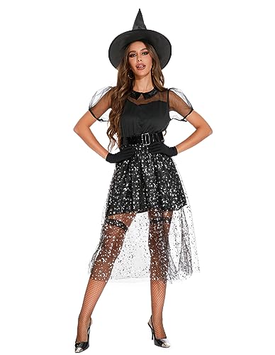 Colorful House Women Witch Costume, Black Wicked Lace Sexy Dress With Hats and Tights