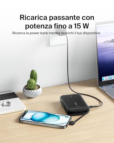 BoostCharge power bank 10 000 mAh con cavo integrato 20 W PD, caricatore portatile, ricarica USB-C PD rapida, power bank con ricarica rapida per iPhone 16 Series, iPad Pro, Galaxy S24 e altri