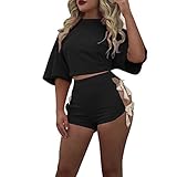 HongXander Women Short Sleeve Bandage 2 Piece Set Short Pants Casual Outfit Sportswear (XL, Black)