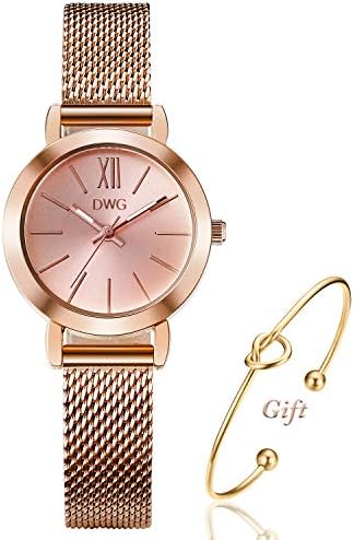 Women's Rose Gold Watch Analog Quartz Stainless Steel Mesh Band Casual Fashion Ladies Wrist Watches with Love Knot Bracelet Gift
