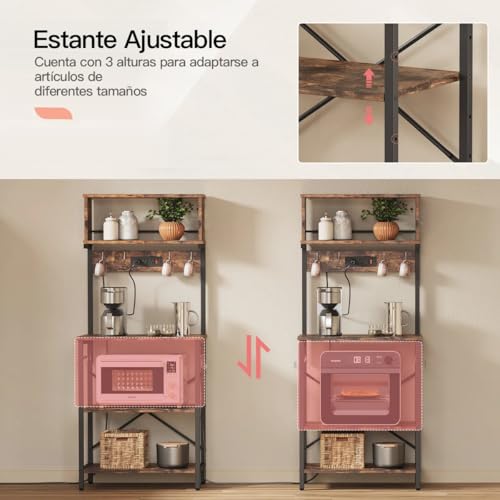 YKSLZ Estante para Cocina de 5 Niveles, Estantes Organizadores con Enchufes y 6 Ganchos，Estante de Microondas, Mueble Multiusos de Cocina, Sala, Oficina, Industrial, café rústico y Negro
