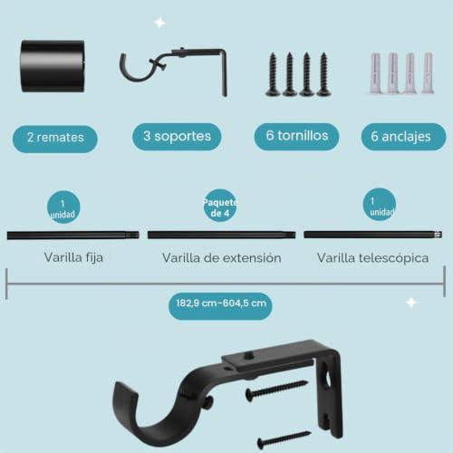 Black Curtain Rod Extendable Curtain Pole 4 Metres for Living Room Bedroom Kitchen (185-435 cm, Diameter 25 mm)
