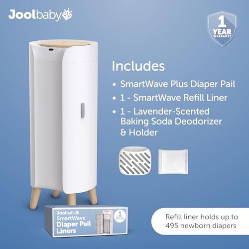 Jool Baby SmartWave Plus Diaper Pail & Refill – Motion Sensing Lid with Odor Lock – Compatible with Regular Trash Bags – Holds up to 50 Newborn Diapers