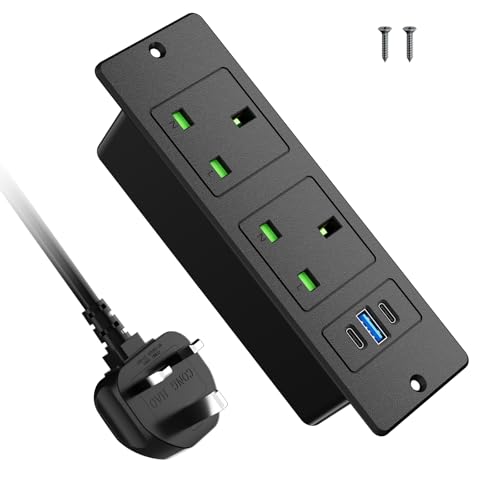 HANNELORE Recessed Power Strip with USB C PD20W, Desk Power Socket with USB, Power Extension Lead 2 Outlets 2 Screws, Hidden in Furniture Desk Table, 2M/6.6FT Cable, Black