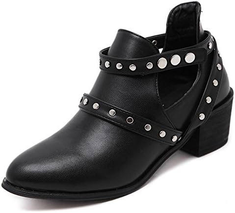 PU Women Shoes Wood High Heel Short Martin Boots Belt Buckle Black