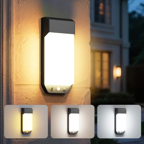 LOTMOS Lampe Solaire Exterieur Detecteur de Mouvement, 3 Couleurs 3000K/4000K/6500K LED Applique Murale Exterieure IP65 Etanche, 16W 1600LM Éclairage Extérieur pour Terrasse Entrée Jardin, Noir