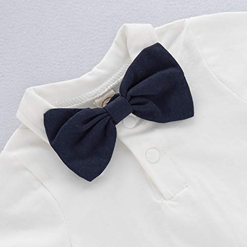 Baby Boys Gentleman Outfits Set Short Sleeve Romper with Tie and Overalls Bib Pants Wedding Tuxedo Outfits (Navy Blue, 0-6 Months)
