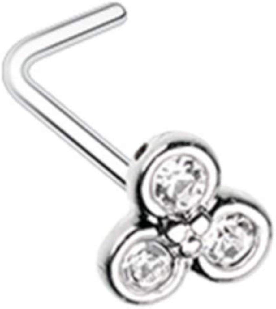 20 GA Bezel Trilogy LShape Nose Ring 316L Surgical Stainless Steel Body Jewelry