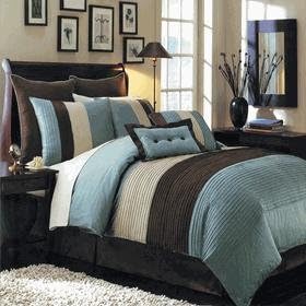 12 PIECES BEDDING SET LUXURY HUDSON COMFORTER SET KING SIZE BLUE BROWN AND OFF WHITE. USUALLY SHIPS 1-2 BUSINESS DAYS UNLESS THERE IS A PROBLEM.