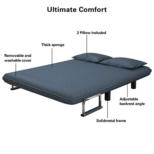 Convertible Sofa Bed Folding Arm Chair Sleeper, 5 Position Recliner Full Padded Lounger Couch Bed for 2 Person, Mental Frame with Detachable Armrest Cover Home Office Furniture with Pillow