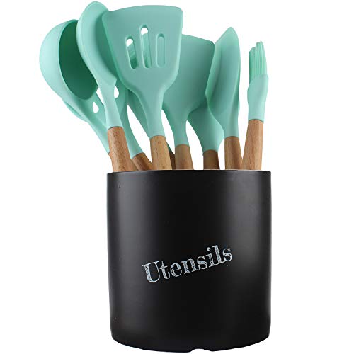 Large Ceramic Kitchen Utensils Holder Jumbo Cooking Utensil Crock Kitchen Tools Organizer Caddy (Black)