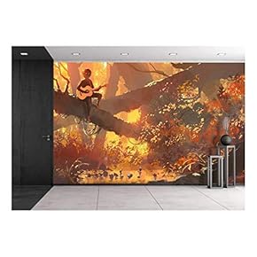 Illustration - Young Man with Guitar Sitting on The Tree in Autumn Forest, Illustration Painting - Removable Wall Mural | Self-Adhesive Large Wallpaper - 66x96 inches