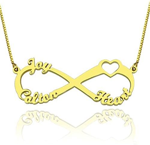 18K Gold Customized Infinity Family Name Necklace with Cut-Out Heart Custom Made with 3 Names