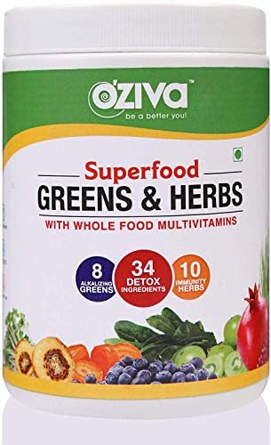 OZiva Superfood Greens & Herbs (Supergreens Powder with Chlorella, Spirulina & 34 Detox Ingredients) 250g