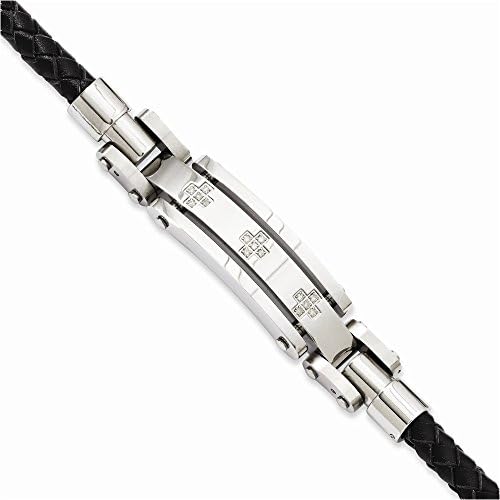 Jewelry Adviser Bracelets Stainless Steel Black Leather & Diamond Crosses 8.25in Bracelet Length 8.25"
