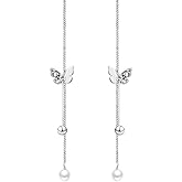 SLUYNZ Sterling Silver Butterfly Threader Earrings Dangle Chain for Women Teens Pearl Long Dangle Earrings Tassel