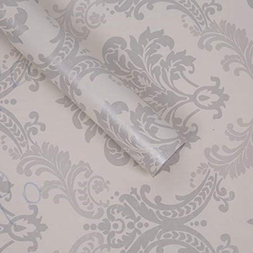 Lependor 17.71" X 118" Silver Damask Removable Wallpaper Peel and Stick Contact Paper Decorative Self Adhesive Shelf Drawer Liner Roll - 17.71" X 9.8 ft