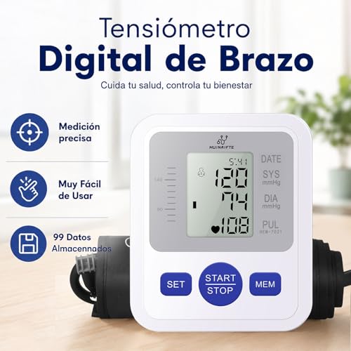 Tensiómetro de brazo MUINAIFTE, tensiómetro digital con pantalla, medición automática y precisa de la presión arterial, múltiples modos de medición