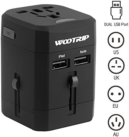 Wootrip International Travel Adapter, Worldwide All in One Power Converter Wall Charger with Dual USB Charging Ports &amp; Universal AC Socket Safety Fused For USA UK EU AUS CN Black