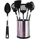 [UTENSILS + HOLDER] 6 Pcs Stainless Steel Kitchen Utensil Set + Stainless Steel Rotating Cooking Utensil Holder Premium Quality Stainless Steel Cooking Tools [Black]