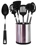 [UTENSILS + HOLDER] 6 Pcs Stainless Steel Kitchen Utensil Set + Stainless Steel Rotating Cooking Utensil Holder Premium Quality Stainless Steel Cooking Tools [Black]