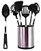 [UTENSILS + HOLDER] 6 Pcs Stainless Steel Kitchen Utensil Set + Stainless Steel Rotating Cooking Utensil Holder Premium Quality Stainless Steel Cooking Tools [Black]