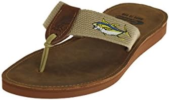 Ocean Rider Leather Flip Flops with Embroidered Tan Webbing Straps Handmade in the USA - Tuna (Men's 8 - US)