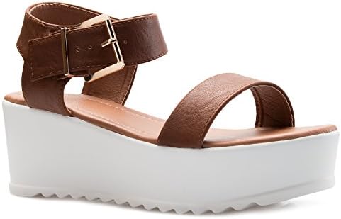 OLIVIA K Women's Platform Buckle Sandal - Open Peep Toe Fashion Chunky Ankle Strap Shoe,Tan,6.5 B(M) US