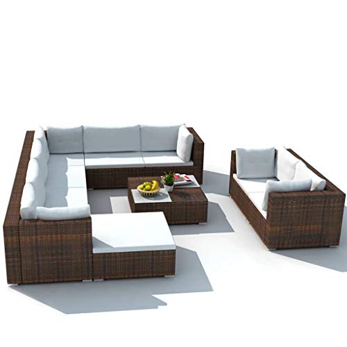 vidaXL Gartenmöbel 10-TLG. mit Auflagen Sitzgruppe Sitzgarnitur Sofa Lounge Gartensofa Gartenset Rattanmöbel Sofagarnitur Poly Rattan Braun – Bild 4