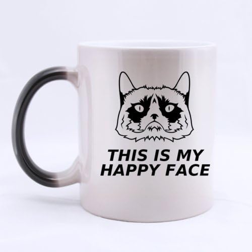 Funny Unhappy Cat THIS IS MY HAPPY FACE Heat Color Changing Mug Magic Coffee Mug Ceramic/11 Oz Morphing Mug - Best Gift For Birthday,Christmas And New Year