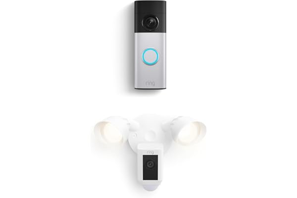 Ring Battery Doorbell Plus (newest model), Nickel Silver with Floodlight Cam Wired Plus, White