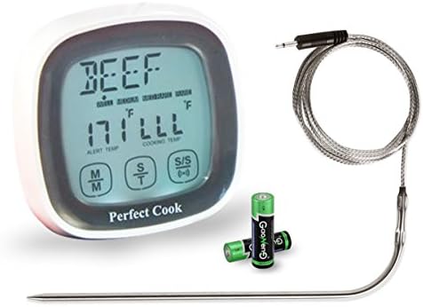 Perfect Cook Digital Oven Thermometer with Cooking Timer, Stainless Steel Temperature Probe, LCD Touchscreen Display for Meat, BBQ, Turkey, Barbecue, Chicken, Grilling Gray