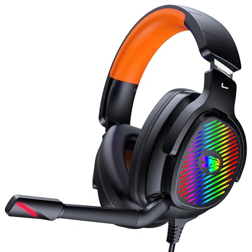 Jimonyer Gaming Headset for PC/PS4/PS5/Xbox One/Switch, Stereo Surround Sound Gaming Headphones with Noise Canceling Flexible Mic, Computer Headset with 3.5mm Jack & RGB Light(Orange)