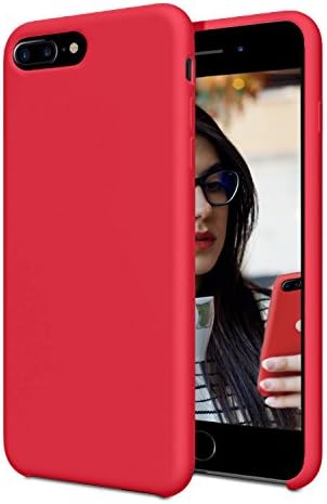 Case for Apple iPhone 7/8 Plus For Women with Tempered Glass Screen Protector, AQT Red Silicone Liquid Rubber Case Non Slip Finger Grip on Back Shockproof Full Body Drop Protection with Raised Lips