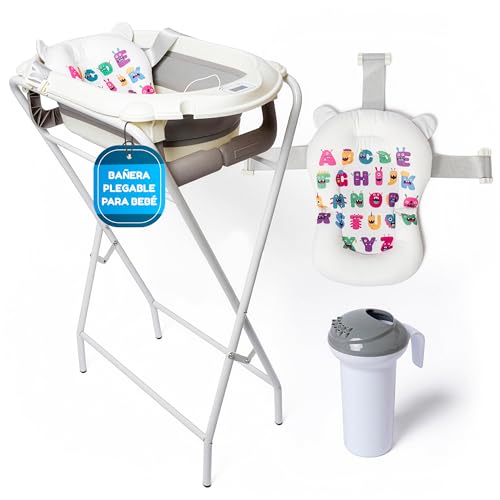Baby Bath with Feet – Includes Digital Thermometer + Ergonomic Cushion + Bath Jug – Foldable Baby Bath – Non-Slip Feet – Banheira Baby with Stand – See Mounting Video Included