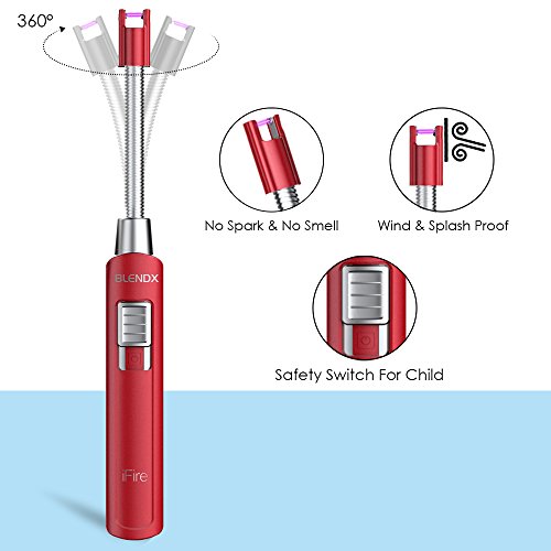Electric Arc Lighter Kitchen Lighter USB Rechargeable Long Lighter Candle 360Â° Flexible Neck, No Spark & Smell, Flameless Windproof Fire Candle Lighter for Camping Grilling BBQ Gas Stove (Red) )
