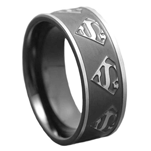 6mm Women's Titanium Ring Wedding Band Black Plated Satin Polish Ridged Edge Superman Badge size 6 SPJ