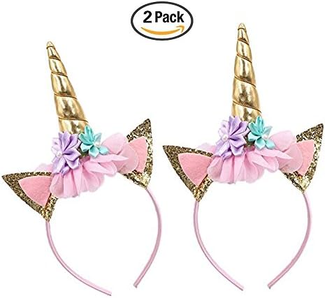 Oexper 2 Pack Glitter Unicorn Horn Headband, Flowers Ears Headbands for Party Decoration or Cosplay Costume (Gold)