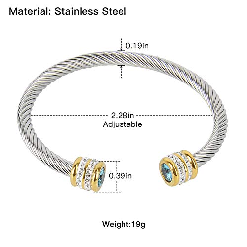 Winhime Birthstone Cable Bangle Bracelets for Women, Stainless Steel Twisted Cable Wire Bracelet for Teen Girls Designer Inspired Cuff Bracelet in Two Tone Silver Gold (Aug-Peridot)