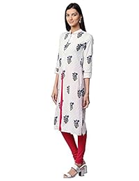 Jaipur Kurti Mujer, color blanco y azul marino impreso recto algodón Kurta