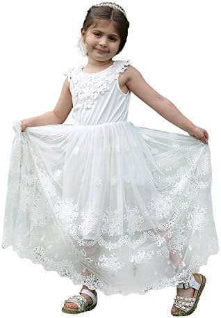 Lilytots Little Girl Lace Floral Soft Tulle Flower Dress for Wedding Party (120, Off-white)