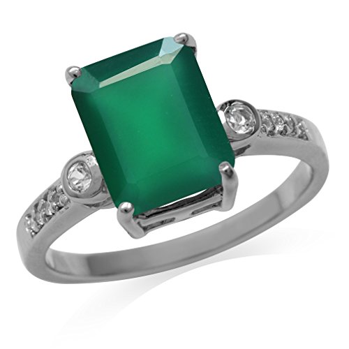 3.19ct. Natural Emerald Green Agate & White Topaz Gold Plated 925 Sterling Silver Ring Size 7